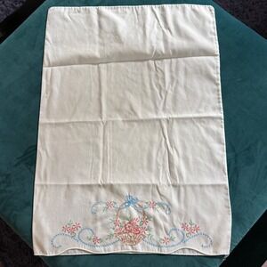 Vintage White Cotton Pillowcase Embroidered Floral Basket Scalloped‎ Edge 0502